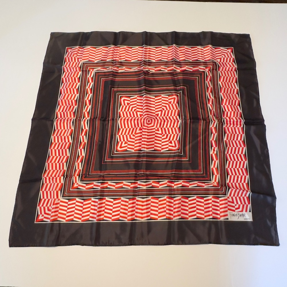 Francois Boucher Scarf Black Red Geometric Art Vintage 27x27 MCM Graphic Japan
